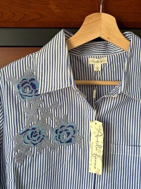 Blue & White Striped Button-Down Shirt with Blue Floral Embroidery